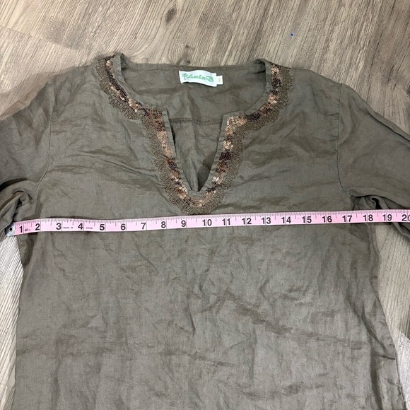 Lulu-B 100% Linen Womens S Blouse Brown Resort Travel Coverup Embellished Sequin - Picture 7 of 14
